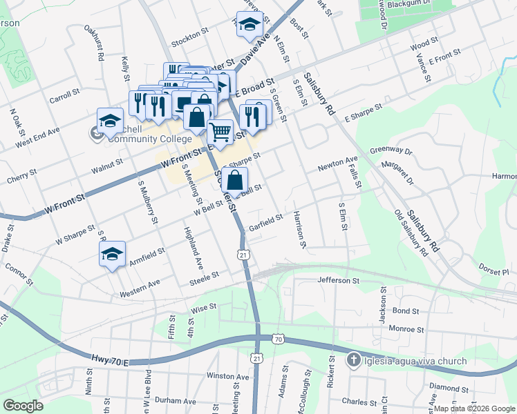 map of restaurants, bars, coffee shops, grocery stores, and more near 115 Wagner Street in Statesville