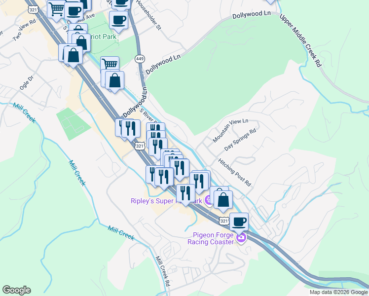 map of restaurants, bars, coffee shops, grocery stores, and more near in Pigeon Forge