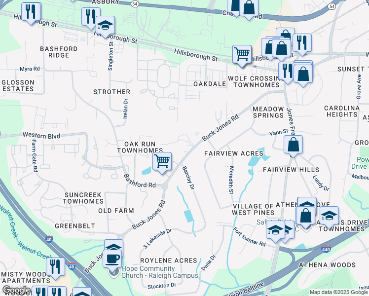 map of restaurants, bars, coffee shops, grocery stores, and more near 5408 Picket Fence Lane in Raleigh