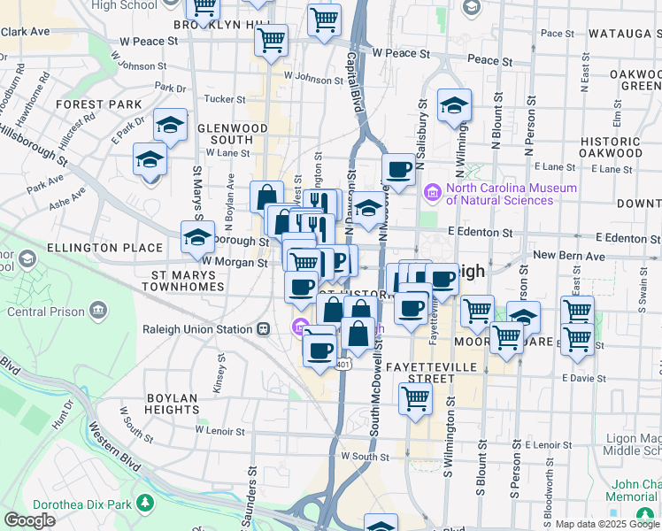 map of restaurants, bars, coffee shops, grocery stores, and more near 100 South Dawson Street in Raleigh