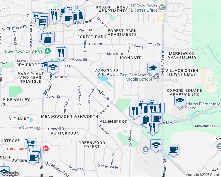 map of restaurants, bars, coffee shops, grocery stores, and more near 107 Coronado Way in Cary