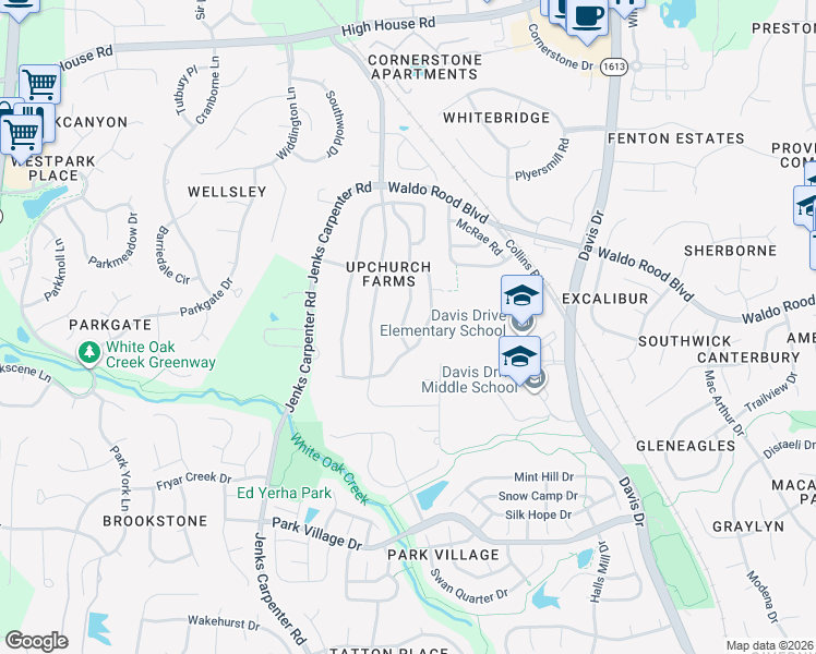 map of restaurants, bars, coffee shops, grocery stores, and more near 350 Luke Meadow Lane in Cary