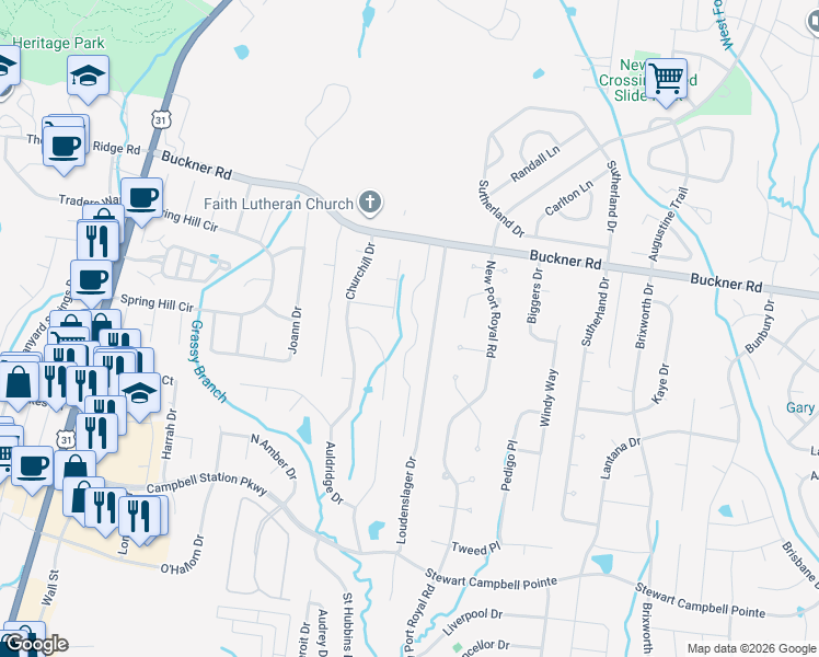 map of restaurants, bars, coffee shops, grocery stores, and more near 600 Winners Circle Place in Thompson's Station