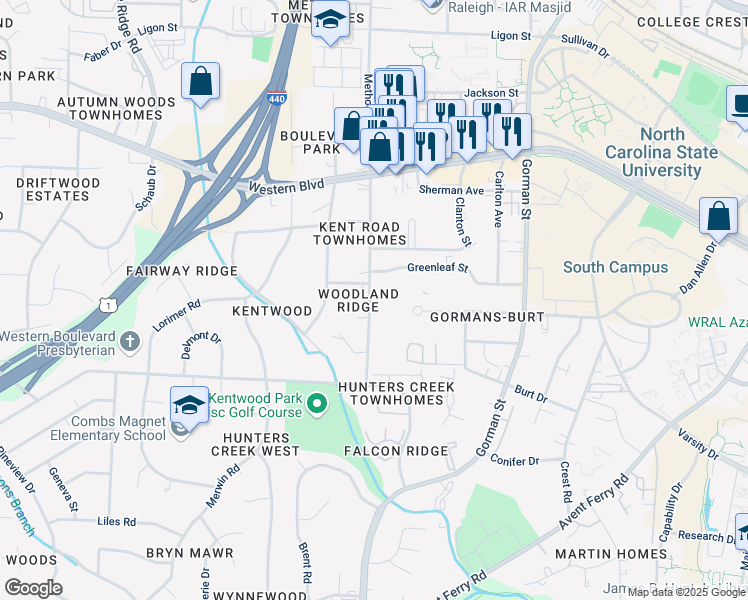 map of restaurants, bars, coffee shops, grocery stores, and more near 1317 Kent Road in Raleigh