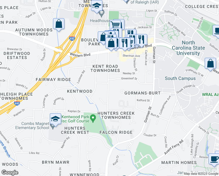 map of restaurants, bars, coffee shops, grocery stores, and more near 1305 Kent Road in Raleigh