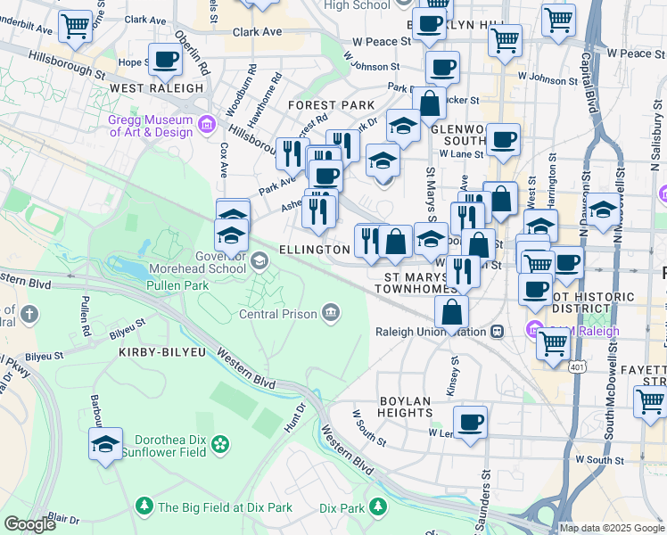 map of restaurants, bars, coffee shops, grocery stores, and more near 853 West Morgan Street in Raleigh