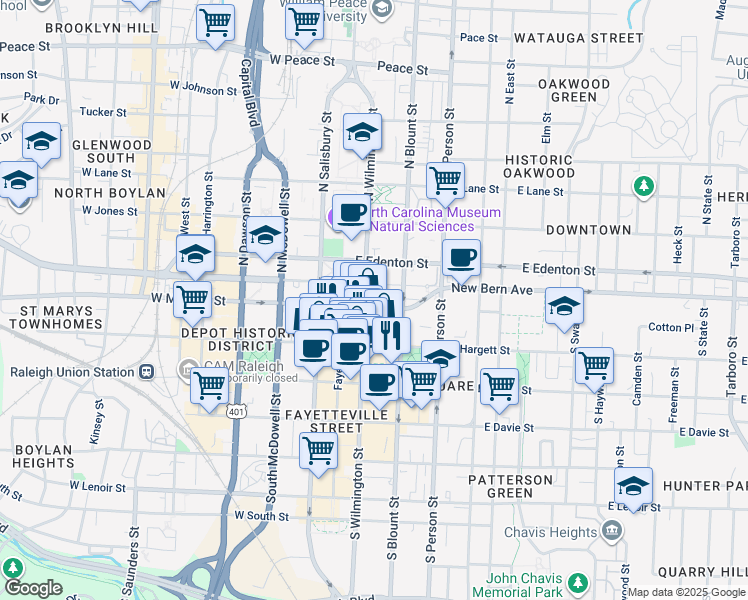 map of restaurants, bars, coffee shops, grocery stores, and more near 1 South Wilmington Street in Raleigh