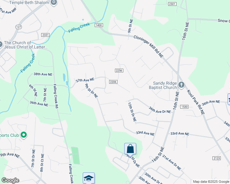 map of restaurants, bars, coffee shops, grocery stores, and more near 3610 10th Street Drive Northeast in Hickory