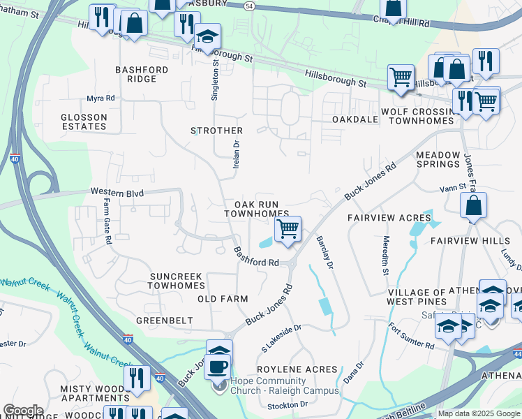 map of restaurants, bars, coffee shops, grocery stores, and more near 518 Oak Run Drive in Raleigh