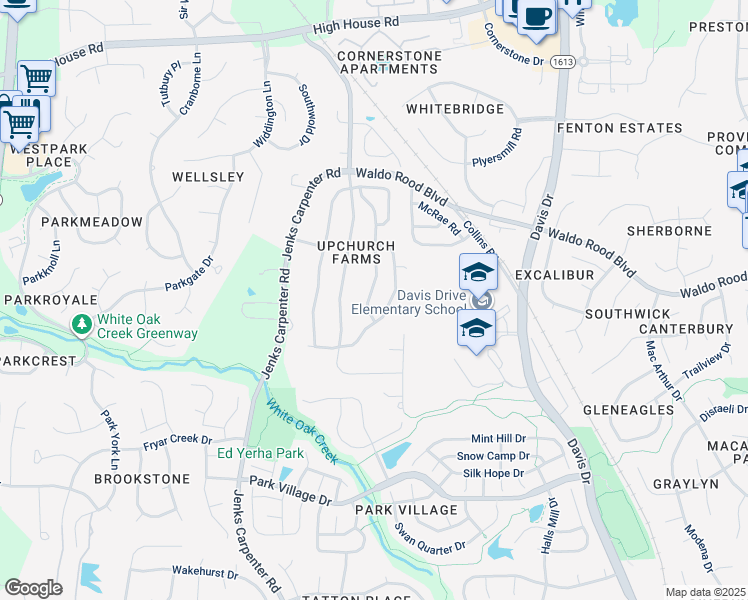 map of restaurants, bars, coffee shops, grocery stores, and more near 279 Joshua Glen Lane in Cary