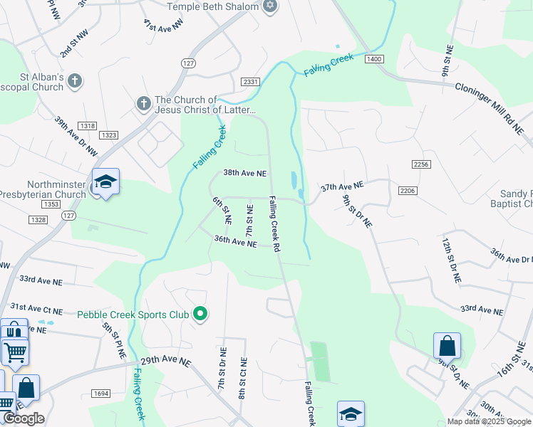 map of restaurants, bars, coffee shops, grocery stores, and more near 3649 Falling Creek Road in Hickory