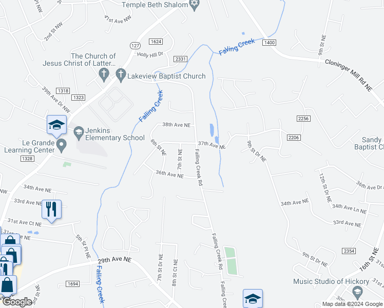 map of restaurants, bars, coffee shops, grocery stores, and more near 3649 Falling Creek Road in Hickory