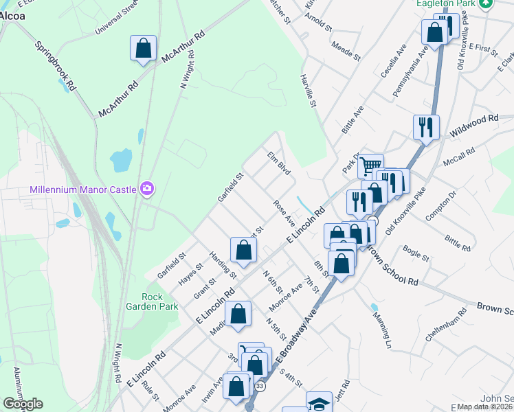 map of restaurants, bars, coffee shops, grocery stores, and more near 200 Boxwood Avenue in Alcoa