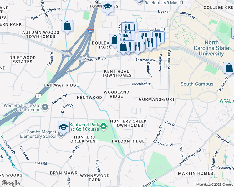 map of restaurants, bars, coffee shops, grocery stores, and more near 1314 Kent Road in Raleigh
