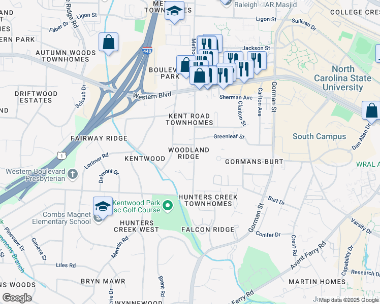map of restaurants, bars, coffee shops, grocery stores, and more near 1300 Kent Road in Raleigh