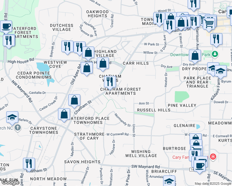 map of restaurants, bars, coffee shops, grocery stores, and more near 880 Glendale Drive in Cary