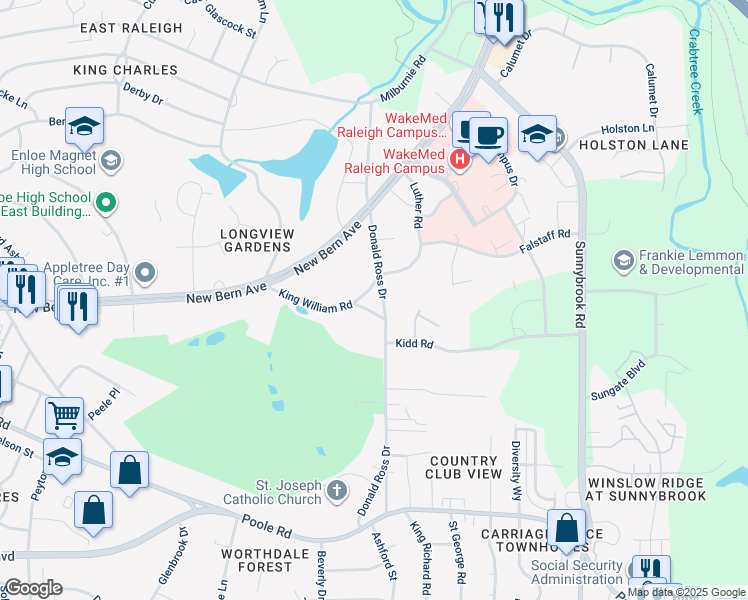 map of restaurants, bars, coffee shops, grocery stores, and more near 200 Donald Ross Drive in Raleigh
