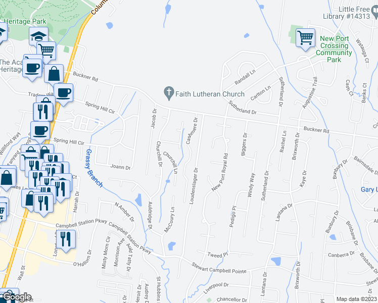 map of restaurants, bars, coffee shops, grocery stores, and more near 601 Cashmere Drive in Thompson's Station