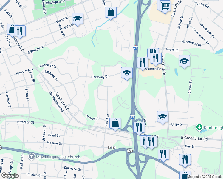 map of restaurants, bars, coffee shops, grocery stores, and more near 1010 Foxcroft Lane in Statesville