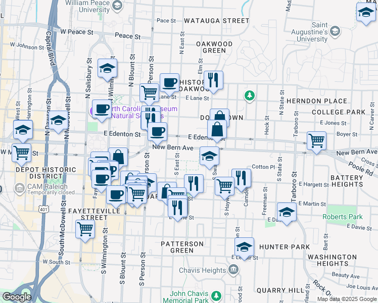 map of restaurants, bars, coffee shops, grocery stores, and more near in Raleigh