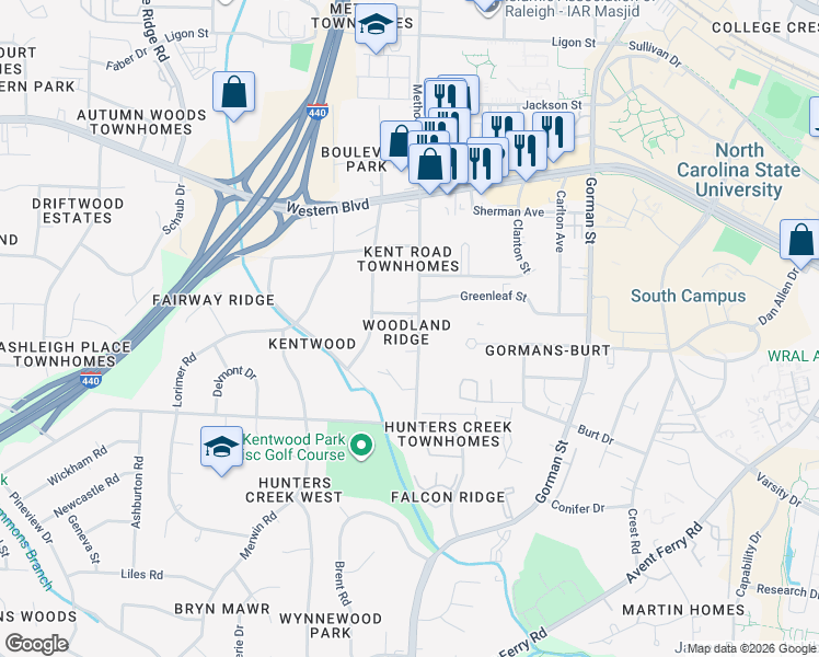 map of restaurants, bars, coffee shops, grocery stores, and more near 1314 Kent Road in Raleigh