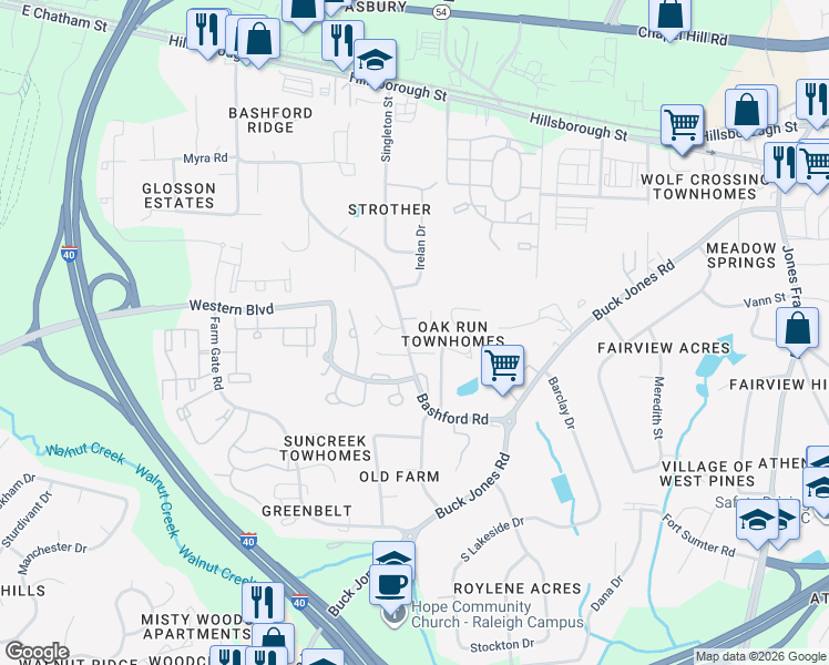 map of restaurants, bars, coffee shops, grocery stores, and more near 5700 Bashford Crest Lane in Raleigh