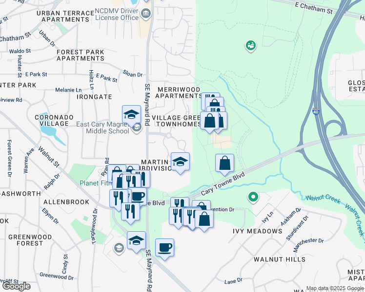 map of restaurants, bars, coffee shops, grocery stores, and more near in Cary