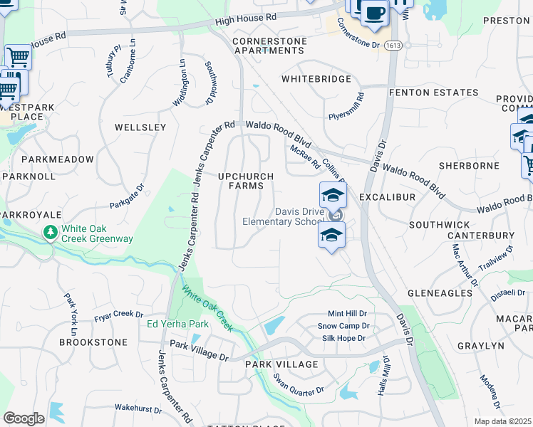 map of restaurants, bars, coffee shops, grocery stores, and more near 350 Luke Meadow Lane in Cary