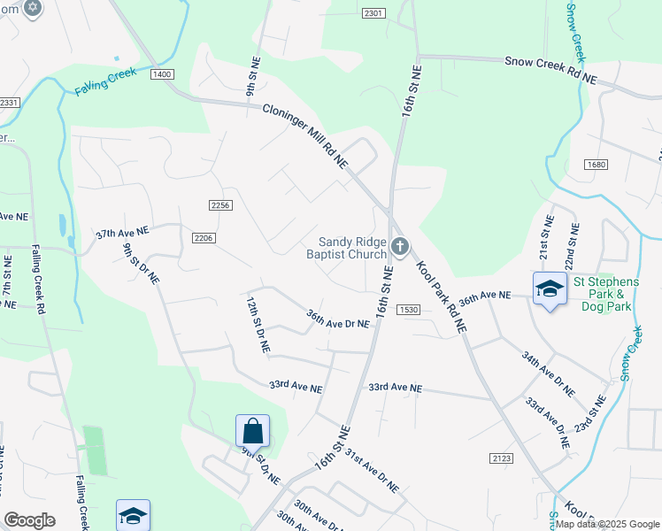 map of restaurants, bars, coffee shops, grocery stores, and more near 3621 16th St NE in Hickory