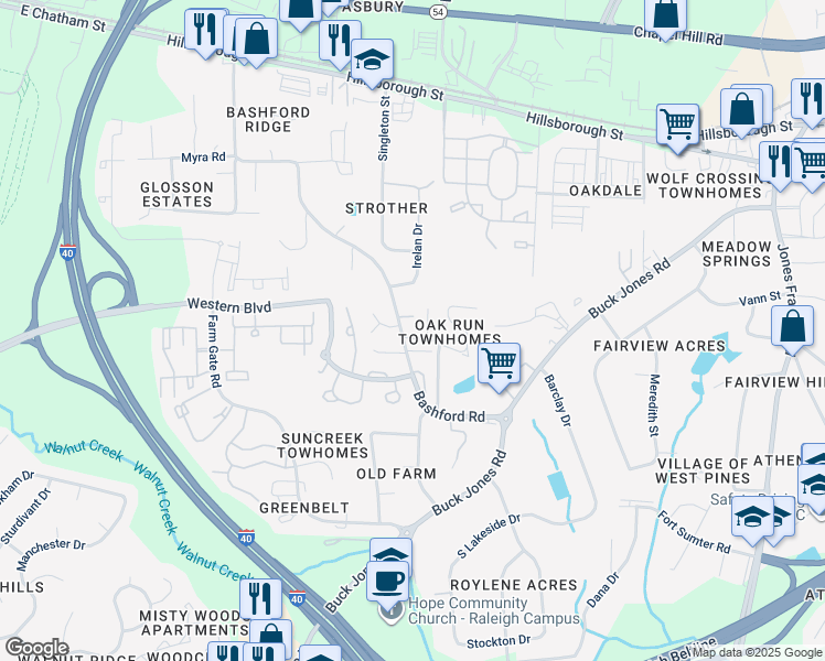 map of restaurants, bars, coffee shops, grocery stores, and more near 5700 Bashford Crest Lane in Raleigh