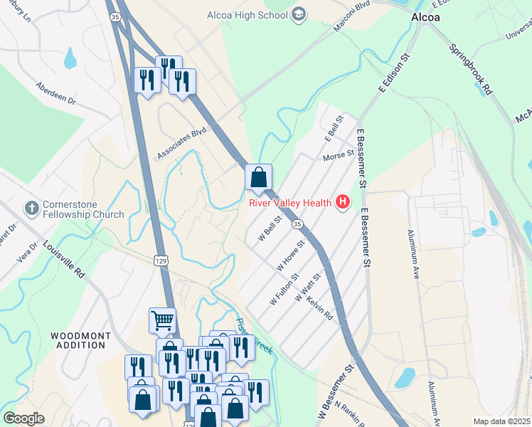 map of restaurants, bars, coffee shops, grocery stores, and more near 138 West Bell Street in Alcoa