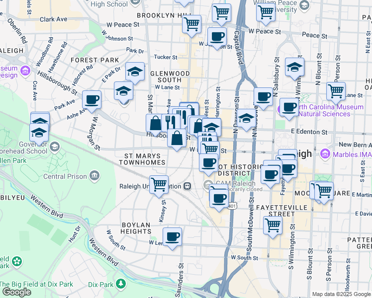 map of restaurants, bars, coffee shops, grocery stores, and more near West Morgan Street in Raleigh