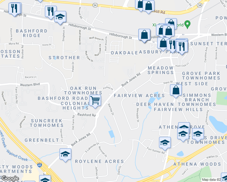 map of restaurants, bars, coffee shops, grocery stores, and more near 5409 Portree Place in Raleigh