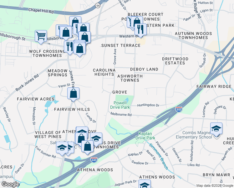 map of restaurants, bars, coffee shops, grocery stores, and more near in Raleigh