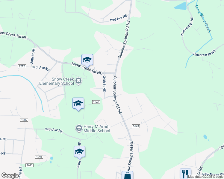 map of restaurants, bars, coffee shops, grocery stores, and more near 3623 Sulphur Springs Road Northeast in Hickory