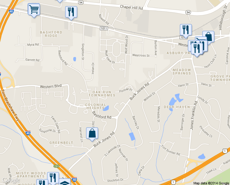 map of restaurants, bars, coffee shops, grocery stores, and more near 5409 Portree Place in Raleigh
