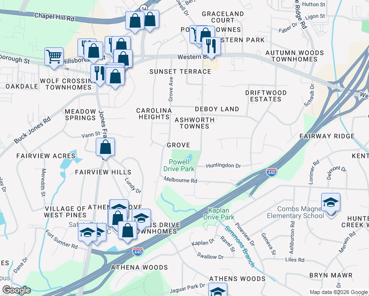 map of restaurants, bars, coffee shops, grocery stores, and more near 5305 Grovewood Place in Raleigh