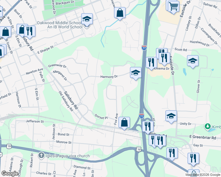 map of restaurants, bars, coffee shops, grocery stores, and more near 603 Foxcroft Terrace in Statesville