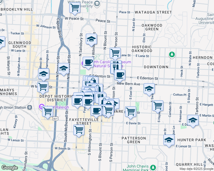 map of restaurants, bars, coffee shops, grocery stores, and more near 208 East Morgan Street in Raleigh