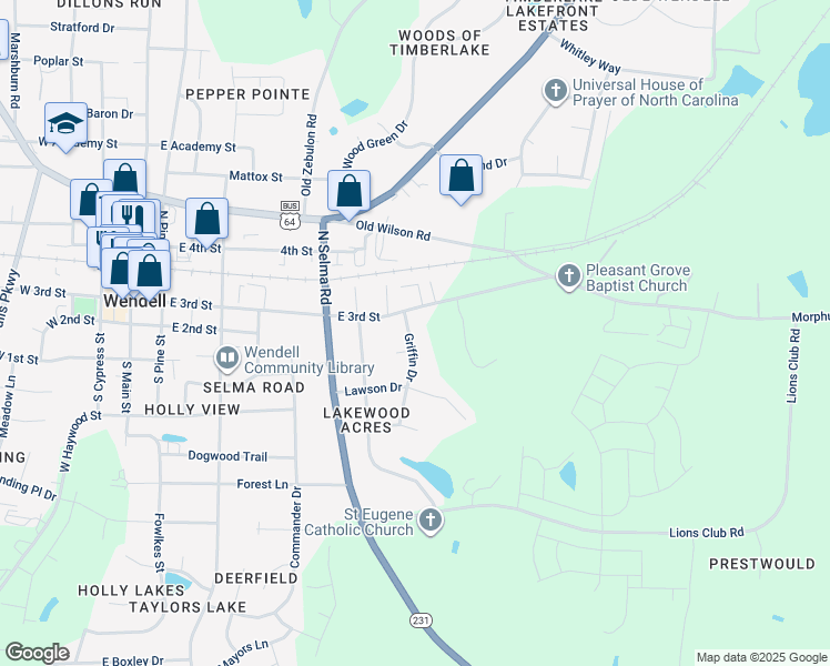 map of restaurants, bars, coffee shops, grocery stores, and more near 19 Griffin Drive in Wendell