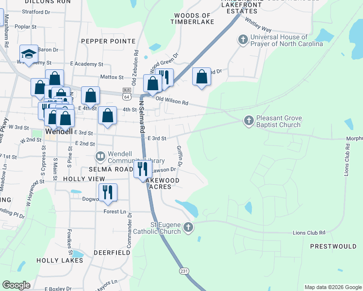 map of restaurants, bars, coffee shops, grocery stores, and more near 19 Griffin Drive in Wendell