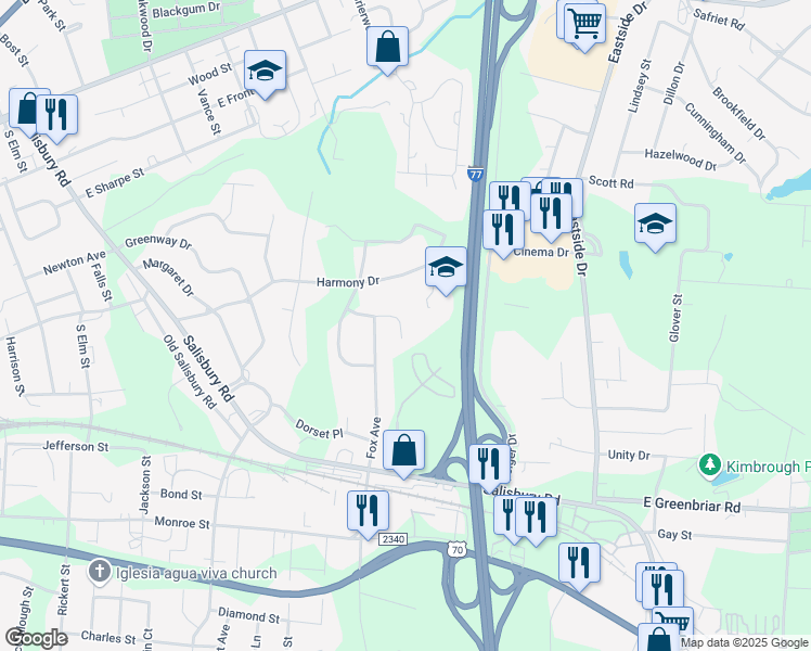 map of restaurants, bars, coffee shops, grocery stores, and more near 1017 Foxcroft Lane in Statesville