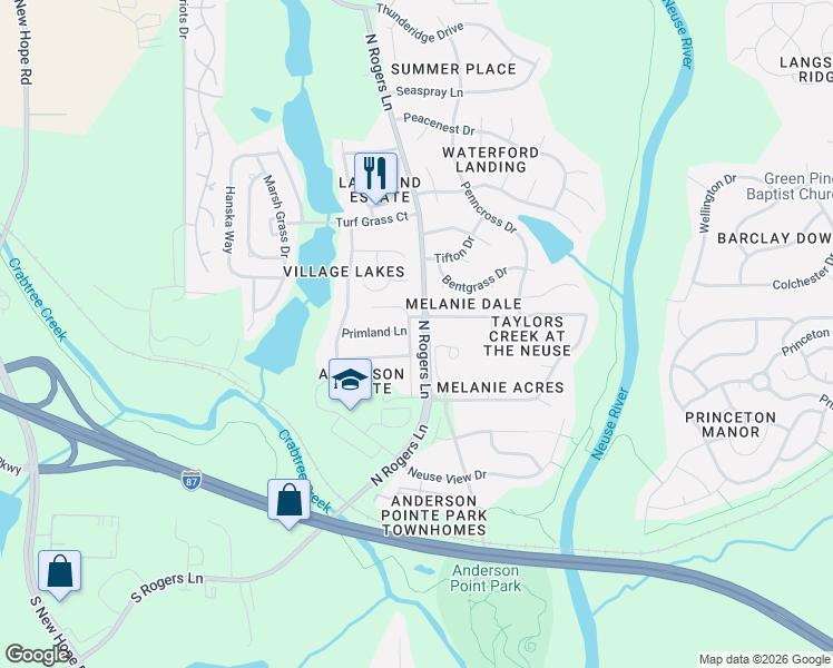 map of restaurants, bars, coffee shops, grocery stores, and more near 5173 Busted Rock Trail in Raleigh