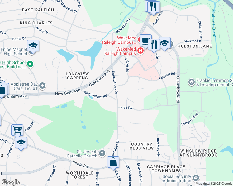 map of restaurants, bars, coffee shops, grocery stores, and more near 200 Donald Ross Drive in Raleigh