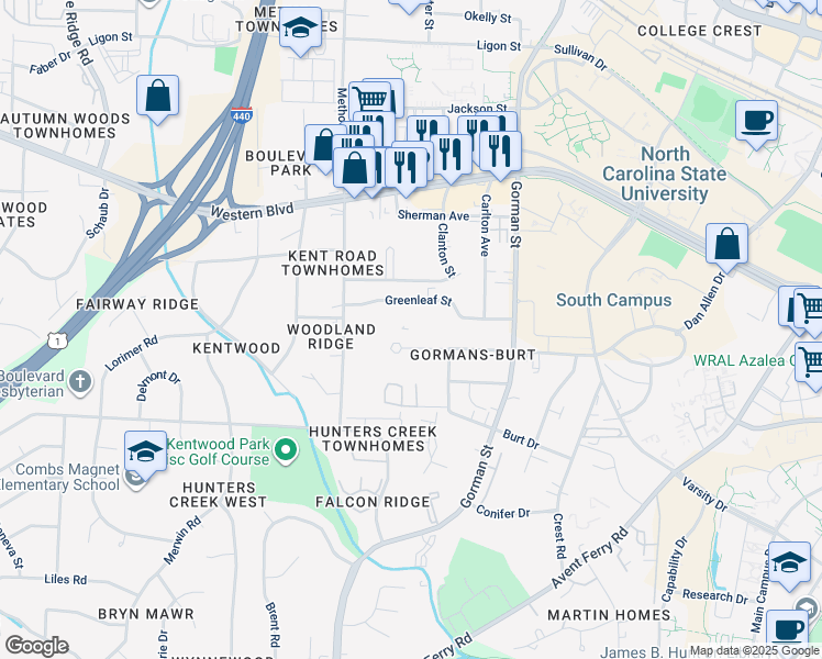 map of restaurants, bars, coffee shops, grocery stores, and more near 3954 Marcom Street in Raleigh