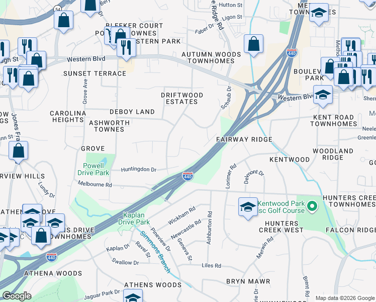 map of restaurants, bars, coffee shops, grocery stores, and more near 5001 Dunwoody Trail in Raleigh