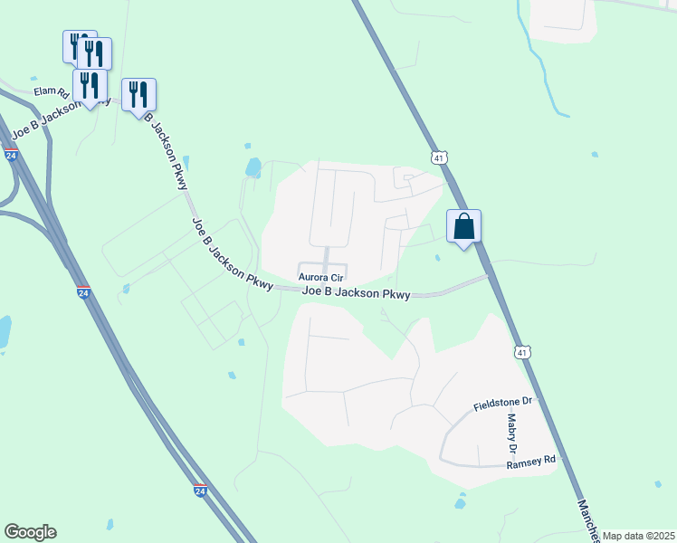 map of restaurants, bars, coffee shops, grocery stores, and more near 4341 Aurora Circle in Murfreesboro