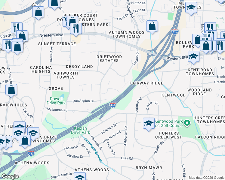 map of restaurants, bars, coffee shops, grocery stores, and more near 5001 Dunwoody Trail in Raleigh