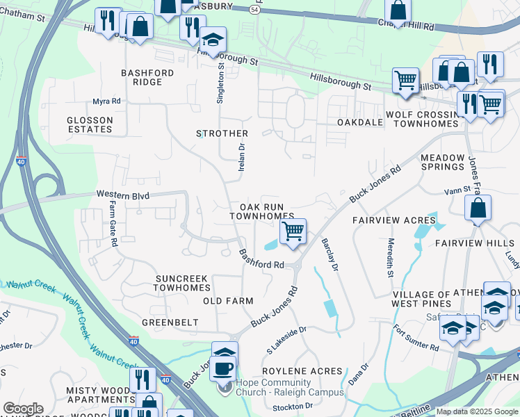 map of restaurants, bars, coffee shops, grocery stores, and more near 504 Oak Run Drive in Raleigh