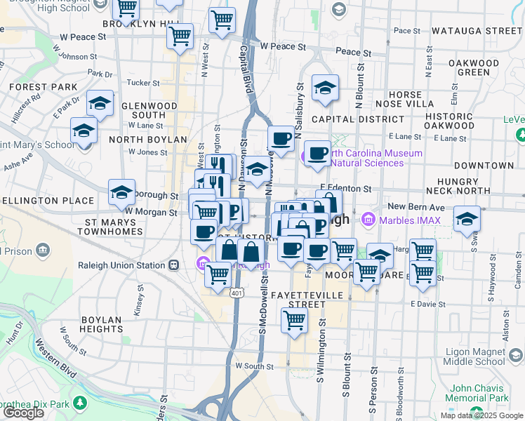 map of restaurants, bars, coffee shops, grocery stores, and more near 201 Hillsborough Street in Raleigh